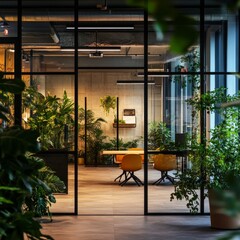 Modern office interior with large windows, plants, and yellow chairs.