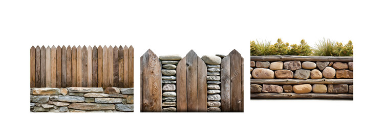 Poster - A close-up of three different types of fences and walls made of stone, wood, and logs.