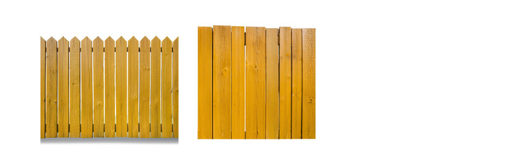 Poster - A wooden fence made of vertical planks painted yellow with pointed tops.