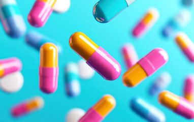 Wall Mural - abstract 3d illustration of colorful pharmaceutical capsules floating in dynamic space innovative drug discovery concept