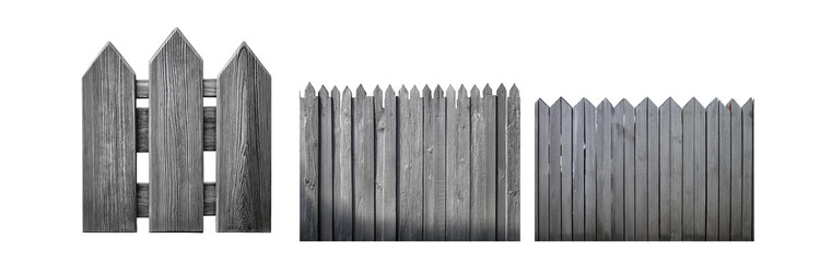 Poster - Three sections of a grey wooden fence with pointed tops.