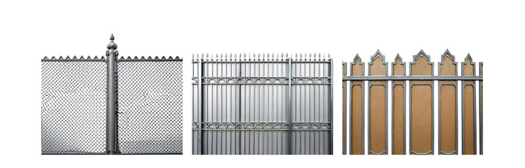 Poster - Three different metal fences, with one chain link, one with ornate spears, and one with a wooden insert.