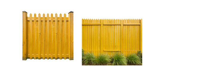 Poster - A yellow wooden fence with pointed tops and a simple gate, surrounded by green grass.