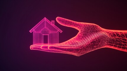 a wireframe hand holding a wireframe house against a dark red background.