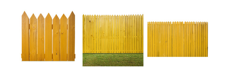 Poster - Three sections of a yellow wooden fence are shown against a white background. The middle section features a strip of green grass at the base.