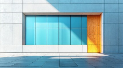 Wall Mural - Modern building facade with large window and wooden door.