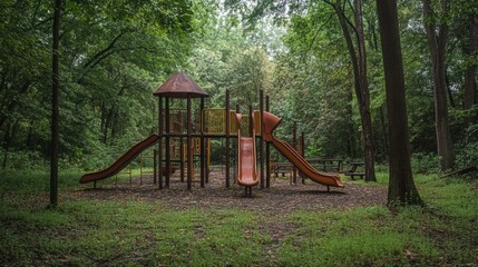 Abandoned Playground, overgrown with wild grass, rusting swings, trees reclaiming space, a haunting reminder of joyful pasts