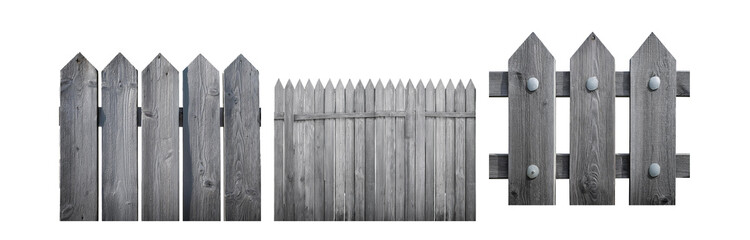 Poster - A grey wooden fence with pointed tops and metal accents.