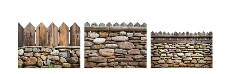 Poster - Three sections of a stone wall, each topped with a wooden fence.