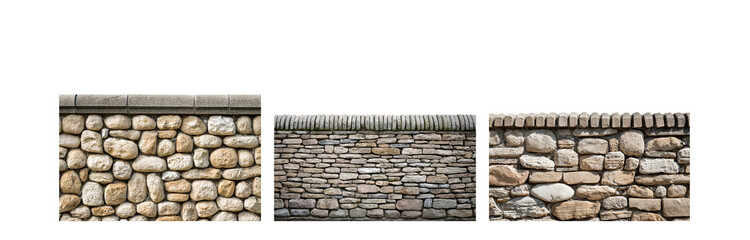 Poster - Three stone walls with varying size and shape stones, set against a white backdrop.