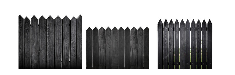 Poster - Black wooden fence with pointed tops, some planks are missing.