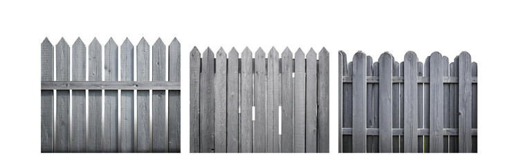 Poster - A weathered, gray wooden fence with pointed and rounded top slats.
