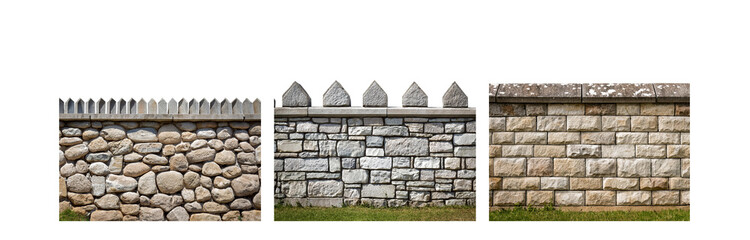 Poster - Three different stone walls with grass at the bottom.