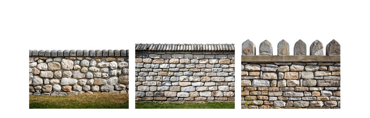 Poster - Three different stone wall sections, each with unique capstone design, with green grass at the bottom.