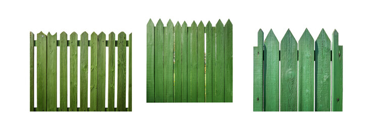 Poster - A green wooden fence with pointed tops against a white background.