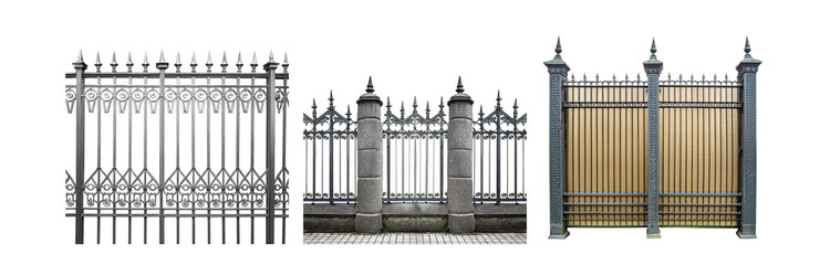 Poster - Three black iron gates with ornate designs and pointed tops.