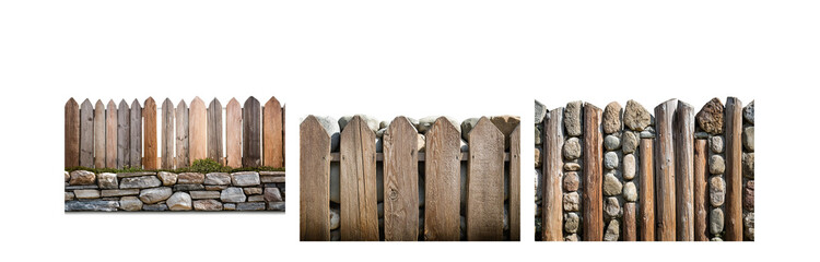 Poster - Three different variations of wooden fences with stones at the bottom.