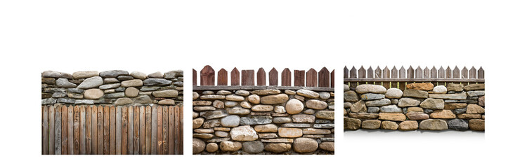 Poster - A fence is made of stone and wood, the stone section has rocks of different sizes and colors, the wood sections have different grain patterns.