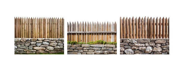 Poster - A wooden fence with pointed tops sits atop a stone wall. Green plants grow between the rocks of the wall.