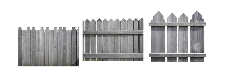 Poster - Three sections of a weathered gray wooden fence with pointed tops