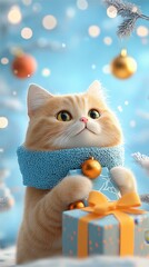 Cat holding a holiday gift, colorful wrapping paper, snowy landscape