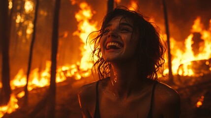 Joy amidst chaos, a person bursts into laughter surrounded by the fierce blaze of a forest fire, contrasting emotions in a dramatic scene