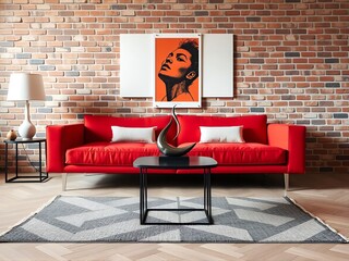 A modern living room with a red sofa, two white pillows, and a black coffee table. A black and white abstract sculpture sits on the table. A portrait with an orange background hangs on a brick wall