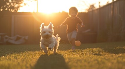 Poster - A child and a dog play together in a sunlit backyard, capturing a joyful moment.