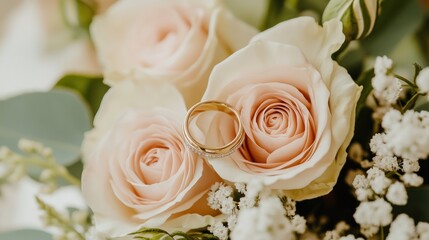 Sticker - A wedding ring nestled among soft pink roses, symbolizing love and commitment.