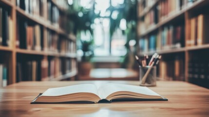 Poster - An open book on a wooden table in a library, surrounded by bookshelves and plants.