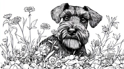 Sticker - A detailed illustration of a dog surrounded by various flowers in a natural setting.