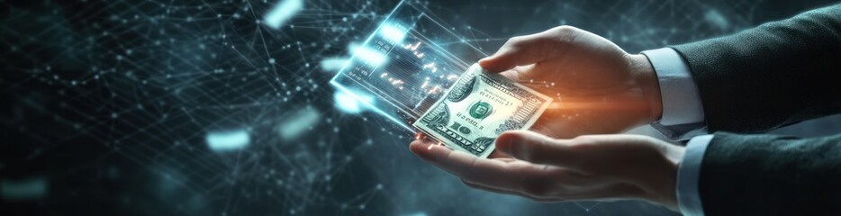 Poster - A person holds cash amidst digital data, symbolizing finance and technology integration.