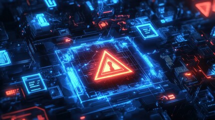 Canvas Print - A digital representation of cybersecurity with a warning symbol and intricate circuitry.