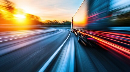 Wall Mural - A blurred truck driving on a winding road at sunset, conveying speed and movement.