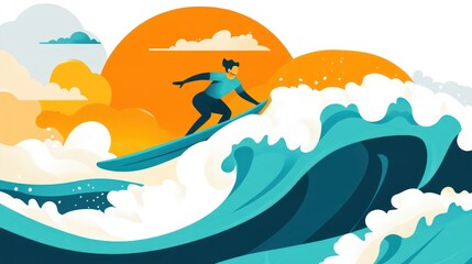 Poster - A vibrant illustration of a surfer riding a wave against a colorful sunset backdrop.