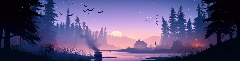 Poster - Serene twilight landscape with a tranquil lake, silhouetted trees, and a cozy cabin.