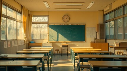 Canvas Print - A serene classroom with desks, a chalkboard, and natural light filtering through windows.