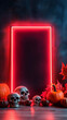 © ArtMajestic - Neon Halloween frame with skulls, pumpkins and autumn colorful leaves. Flat lay, top view, mockup, vertical template for design with copy space. Celebration event or party banner, poster, invitation