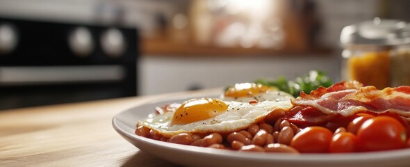 Poster - A delicious breakfast plate featuring eggs, bacon, beans, and tomatoes.