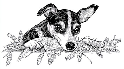 Canvas Print - A detailed black-and-white illustration of a dog resting its head on wheat stalks.