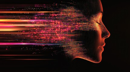 Poster - A digital representation of a woman's profile with abstract colorful motion effects.