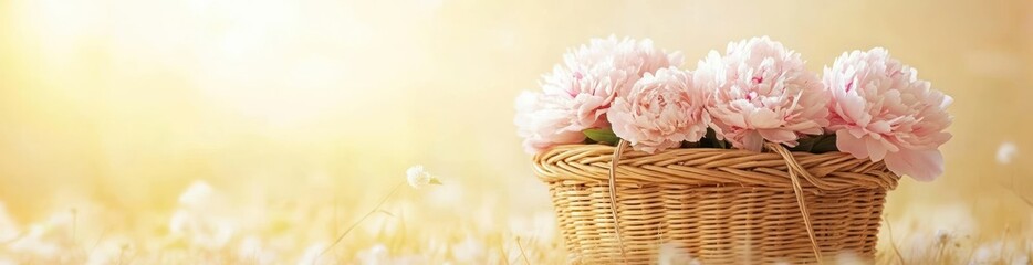 Wall Mural - A basket of pink peonies set against a soft, warm background, evoking tranquility and beauty.