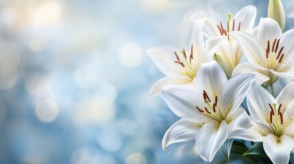 Sticker - A close-up of white lilies on a soft blue background, creating a serene and elegant atmosphere.