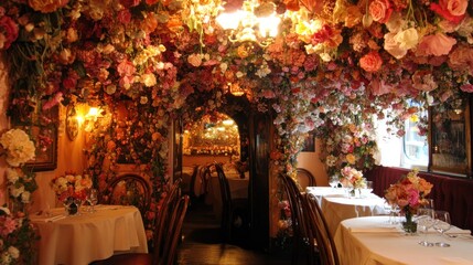 Sticker - A floral-themed restaurant interior with vibrant flowers adorning the walls and tables.