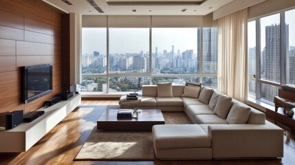 Poster - Modern living room with panoramic city views and contemporary furniture.