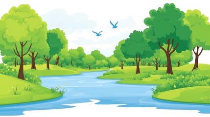 Poster - A serene landscape featuring a river, lush trees, and birds in a tranquil natural setting.