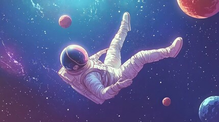 Wall Mural - an astronaut floats in space surrounded by colorful planets and cosmic elements.