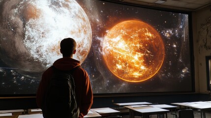 Wall Mural - a student gazes at a cosmic display of planets and stars in a classroom setting.