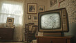 © Itsaraporn - A vintage television set from the 1960s sits on a wooden stand in a cozy living room, displaying static while surrounded by nostalgic decor like old photographs and patterned wallpaper