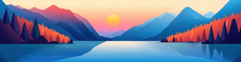 Poster - Serene landscape featuring mountains, a lake, and a colorful sunset.